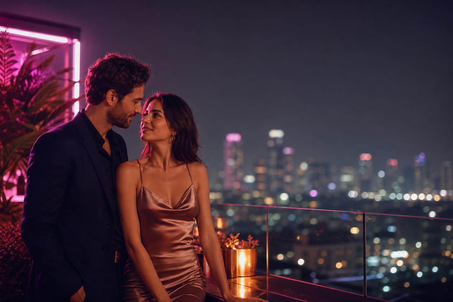 Couple at a rooftop lounge